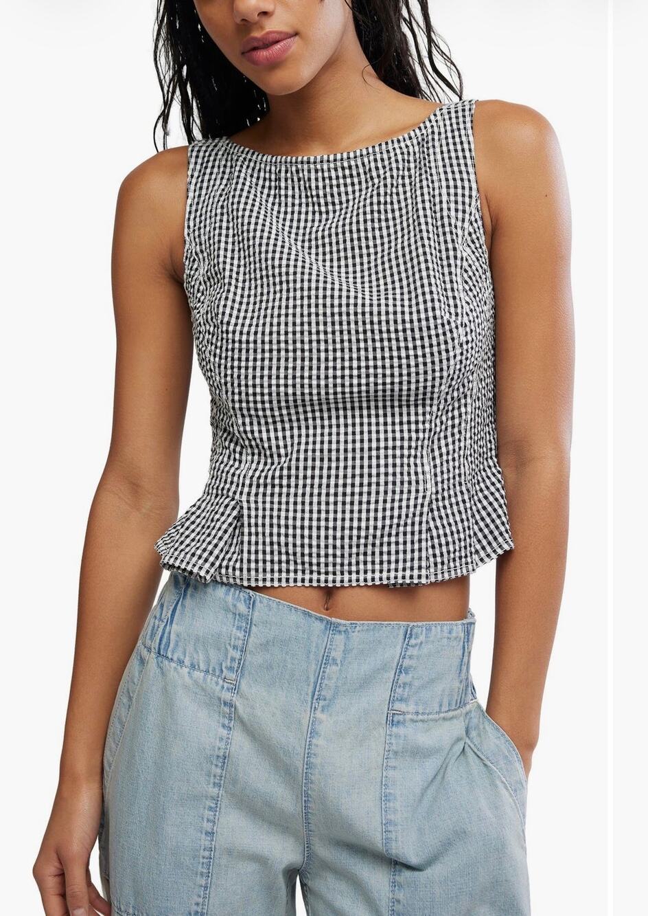 Free People Sunfaded Gingham Peplum Top - Black & White S (New with tags)